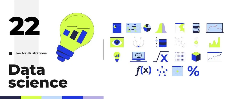 Data science analytics and visualization cartoon flat illustrations bundle Stock Illustration
