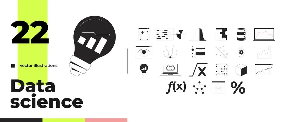 Data science analytics and visualization outline illustrations bundle Stock Illustration
