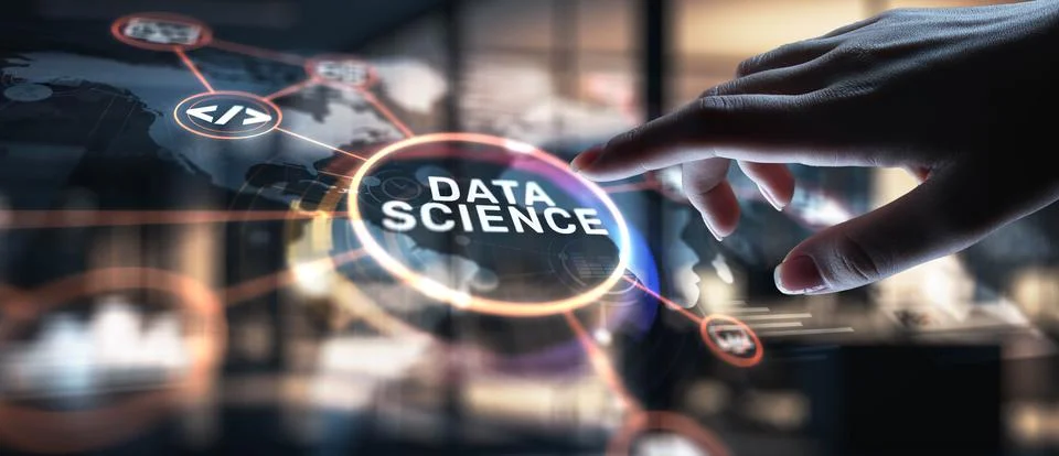 Data Science Analyzing and Interpreting Complex Data, projection on a virtual 스톡 사진