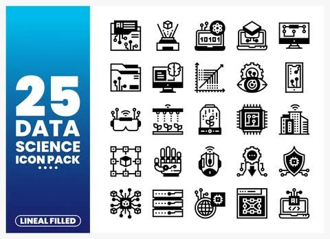 Data science and AI technology lineal filled icon pack. abstract icons on w.. Illustrazione stock