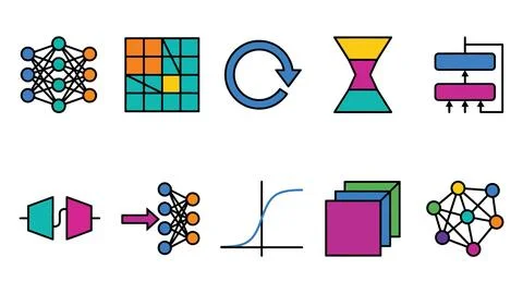 Data science and neural network architecture diagrams in colorful flat vect.. Illustrazione stock