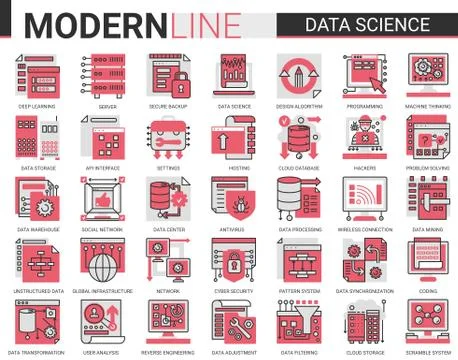 Data science complex concept flat line icon vector illustration set with outline Stock Illustration