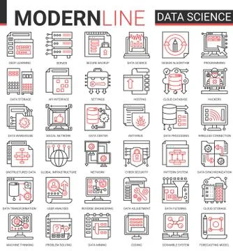 Data science complex thin red black line icon vector illustration set with Stock Illustration