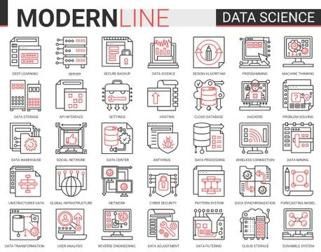 Data science complex thin red black line icon vector illustration set with Stock Illustration