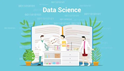 Data science concept with laboratory team working on data - vector illustrati Stock Illustration