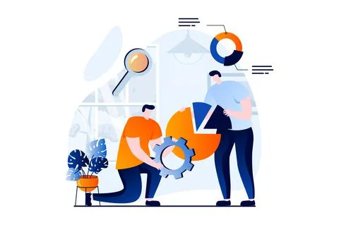 Data science concept with people scene in flat cartoon design. Scientists use 스톡 일러스트