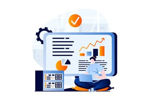 Data science concept with people scene in flat cartoon design. Woman works with イラスト素材