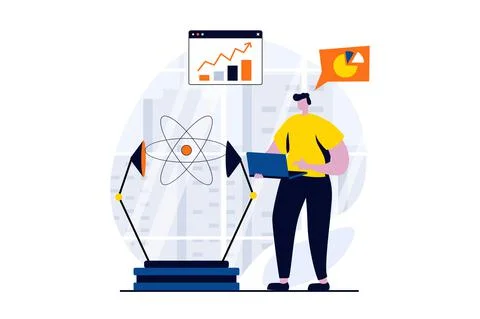 Data science concept with people scene in flat cartoon design. Scientist works Stockillustratie