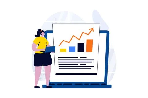 Data science concept with people scene in flat cartoon design. Woman analyzing Stock Illustration