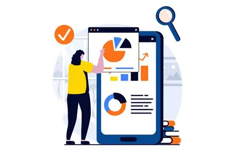 Data science concept with people scene in flat cartoon design. Woman analyzing Illustrazione stock