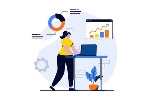 Data science concept with people scene in flat cartoon design. Woman working Stock Illustration
