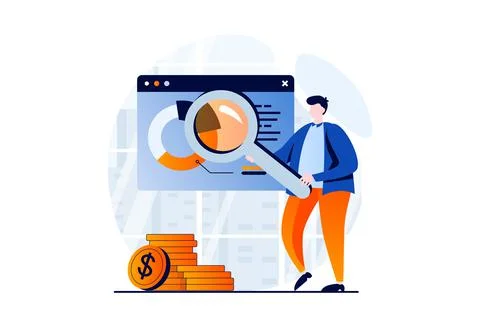 Data science concept with people scene in flat cartoon design. Man with 스톡 일러스트