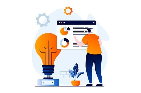 Data science concept with people scene in flat cartoon design. Man works with 스톡 일러스트
