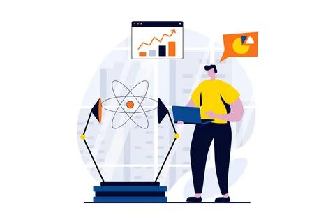Data science concept with people scene in flat cartoon design. Scientist works Stock Illustration