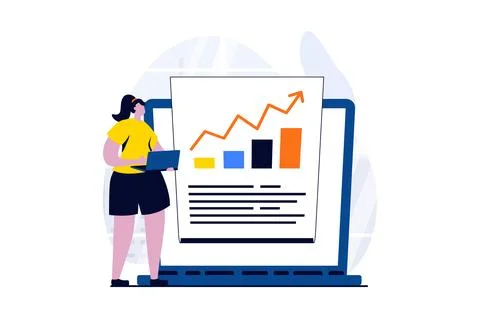 Data science concept with people scene in flat cartoon design. Woman analyzing Stock Illustration