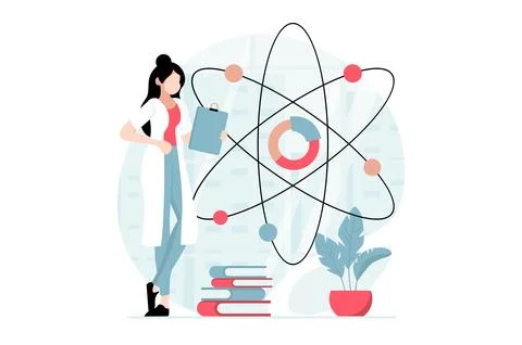 Data science concept with people scene in flat design. Woman scientist is e.. Stock Illustration