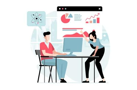 Data science concept with people scene in flat design. Man and woman discus.. イラスト素材