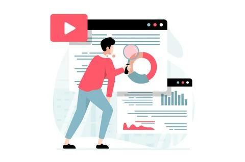 Data science concept with people scene in flat design. Man looking at magni.. Stockillustratie