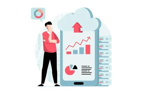 Data science concept with people scene in flat design. Man studying statist.. Stock Illustration