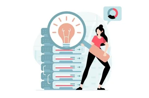 Data science concept with people scene in flat design. Woman looking at mag.. Illustrazione stock