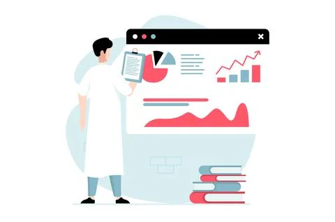 Data science concept with people scene in flat design. Man scientist making.. Stock Illustration