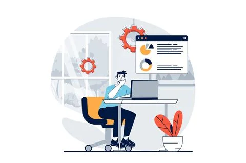 Data science concept with people scene in flat design for web. Man researchin イラスト素材
