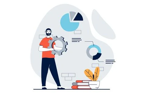 Data science concept with people scene in flat design for web. Man working .. Illustrazione stock