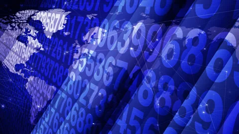 Data science counting numbers on world map using random algorithms for numerical Stock Footage 271184054