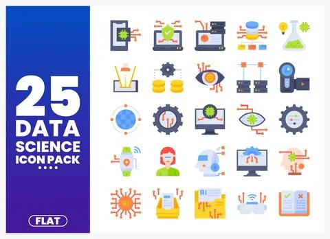 Data science flat icons pack on a blue background Stock Illustration