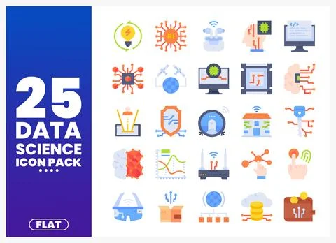 Data science flat icons on white background. AI. technology. network and cl.. 库存插图