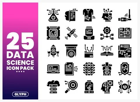 Data science glyph icons in black on a white background Stock Illustration