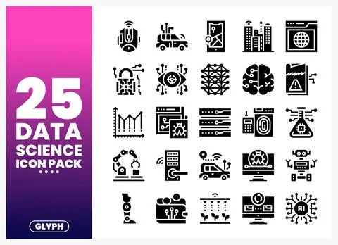 Data science glyph icons in black on a gradient background. representing te.. 스톡 일러스트