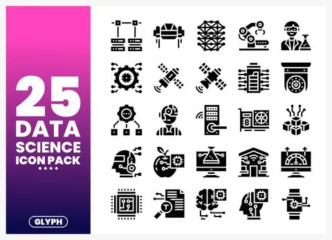 Data science glyph icons collection for technology and analytics with digit.. Stock Illustration