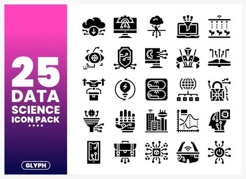 Data science glyph icons display cloud. computer. and plant elements. Stock Illustration