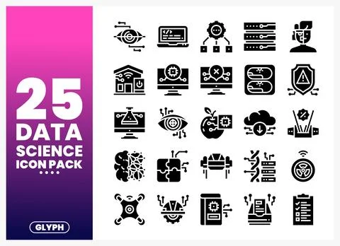 Data science glyph icons pack with AI and analytics symbols Stock Illustration