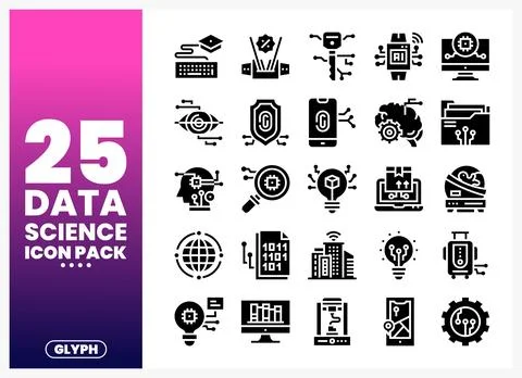 Data science glyph icons representing technology and innovation. Collection.. Stock Illustration