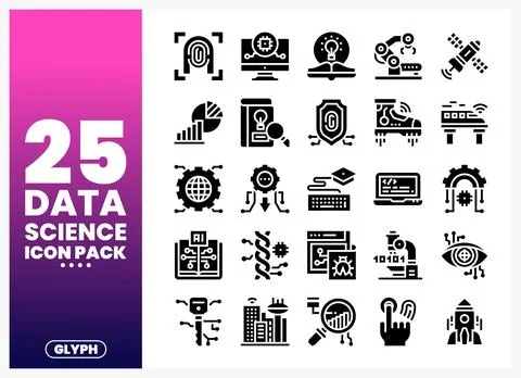 Data science glyph icons on white background Stock Illustration