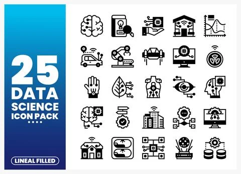 Data Science Icon Pack AI. IoT. Brains. and Technology 스톡 일러스트