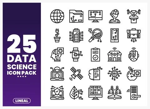 Data science icon pack featuring technology and analysis symbols on a purpl.. Stock Illustration