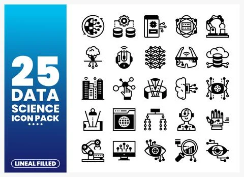 Data science icon pack featuring global network. server stacks. and robotics. Stock Illustration