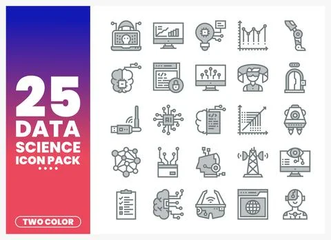 Data Science Icon Pack featuring AI. robots. and computers on a clean backg.. Stock Illustration