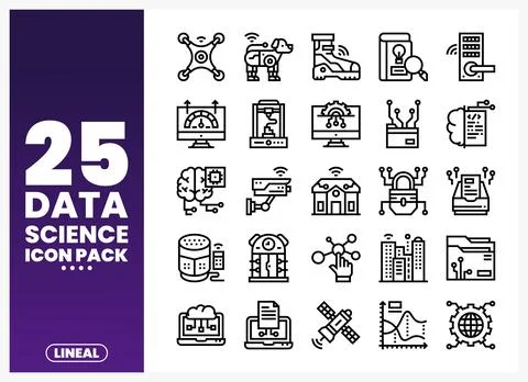 Data science icon pack featuring technology and AI visuals on a purple back.. Illustrazione stock