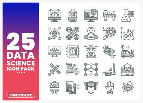 Data science icon pack featuring technology and analysis symbols on a gradi.. Stock Illustration