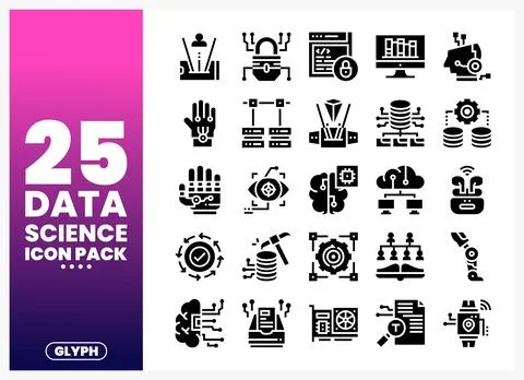 Data Science Icon Pack featuring glyphs for technology and analysis Stock Illustration