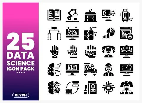 Data science icon pack with glyph elements on a gradient background. 库存插图