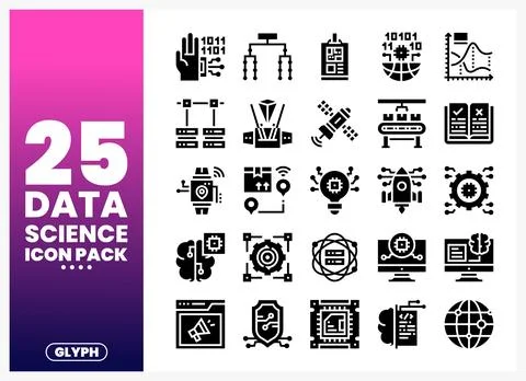 Data science icon pack with glyphs for technology and analytics Stock Illustration