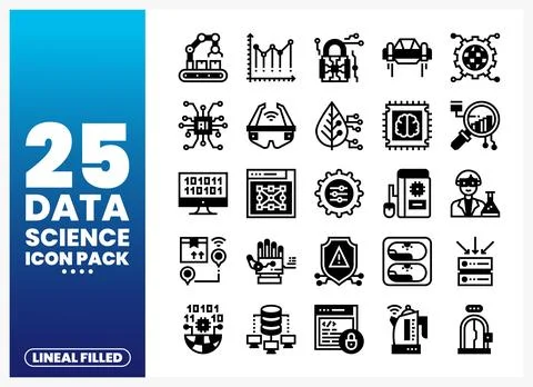 Data science icon pack graphic design with lineal filled icons on white bac.. Stock Illustration