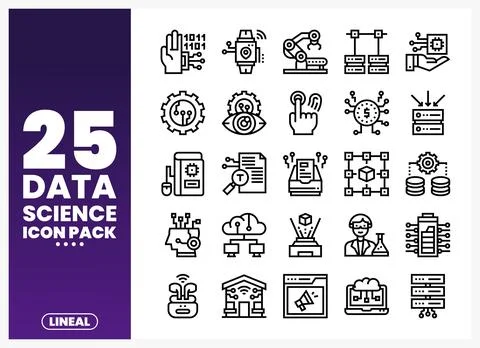 Data science icon pack with lineal illustrations for tech and science. Stock Illustration