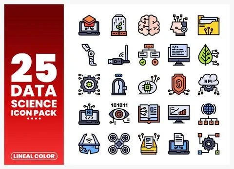 Data Science icon pack with lineal color design. 스톡 일러스트