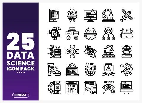 Data Science icon pack with lineal illustrations on a purple gradient backg.. 스톡 일러스트